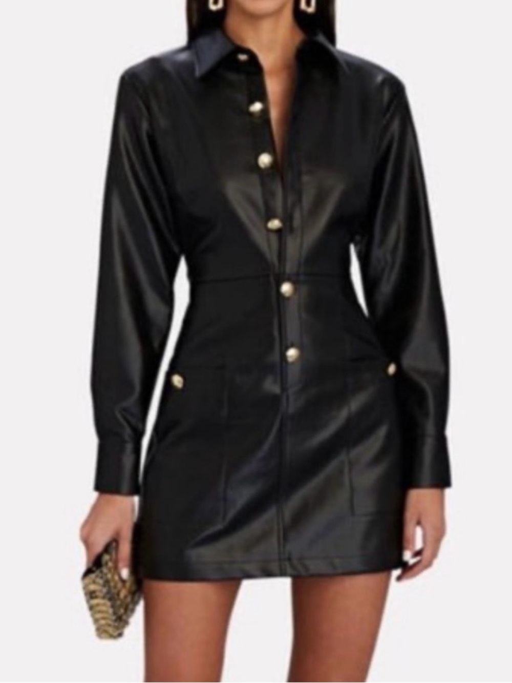 Intermix Stacy Black Faux Leather Button-Front Shirt Dress Jacket